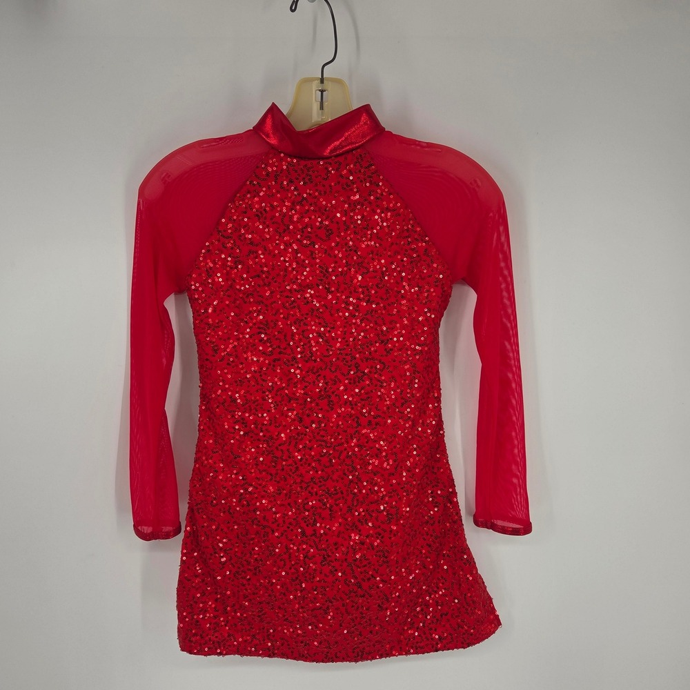 Balera Red Sequin Dance Leotard Dress Long Mesh Sleeve Mock Neck LC Kids